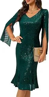 [COOAN] Sequin Cocktail Formal Dresses for Women,Weddings Guest Evening Party Gowns Slim Midi Fishtail Dress, Green14, X-Large