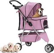 Dog Stroller,Travel Folding Pet Stroller for Small Medium Dog Cat Jogger Stroller with Storage Basket Removable Cup Holders (Pink, 3 Wheels)