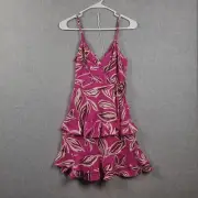 Band of the Free Hot Pink Tropical Faux Wrap Tiered Mini Dress Women's Small