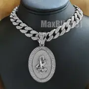 Silver Praying Hands Pendant & 16" 18" 20" 24" Iced Cuban Choker Chain Necklace