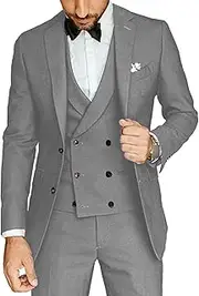 [JEShifangjiusu] Men's Suit Slim Three Piece Suit Men's Cross Suit Jacket Suit Wedding Jacket Vest Trousers Evening Outfit, Light grey, XS
