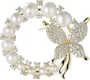 [Generic] Crystal Butterfly with Faux Pearl Wreath Brooches Pins Women Girls Fall Winter Clothes Corsage Decor Christmas