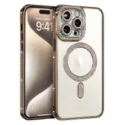 For Apple iPhone 15 Pro Max Case, MagSafe Magnetic Diamond Rhinestone Glitter Cute Crystal Bling Full Camera Lens Protector Shockproof Cover – Gold