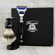 Haryali London 3 Pc Mens Shaving Kit 5 Edge Safety Razor With Silver Tip Badger Hair Shaving Brush and Stand Set For Men