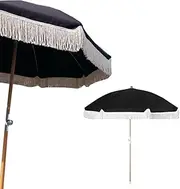 THBSHZMZR 8ft Fringe Patio Umbrella Boho Beach Umbrella - Outdoor Umbrellas For Garden, Pool, Deck, Bistro Table - Black/Tilt Pole