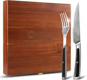 8Pcs Steak Knife with Fork Set Table Dinner Cutlery Damascus Steel Meat Slicer