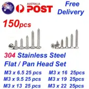150pcs M3 304 Stainless Steel Pan Flat Head Self-Tapping Screws Assorted Kit Set