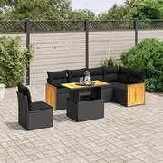 7 Piece Poly Rattan Garden Sofa Set with Cushions, Black - Adjustable Coffee/Dining Table, Outdoor Patio Furniture, Durable Weather-Resistant Wicker, Modular Design, Perfect for Balcony