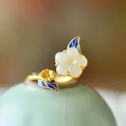 S925 Silver Inlay Hetian Jade White Jade Linlang Plum Ring Women's Simple