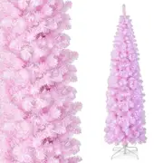 Costway 215CM Pre-lit Christmas Tree Artificial Hinged Pencil Tree 475 Branch Tips Xmas Decor w/Foldable Metal Stand&250 Cold White LED