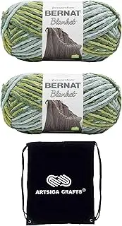 [Bernat] Blanket Big Ball Yarn Forest Sage 161110-10869 (2-Skeins) Same Dye Lot Weight S Bulky #6 Soft 100% Polyester Bundle with 1 Artsiga Craft Bag