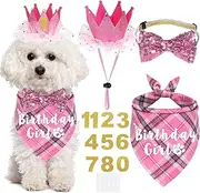 JOTFA Dog Birthday Party Supplies, Multi Sizes Dog Birthday Bandana Girl Dog Birthday Hat Crown with Birthday Numbers Bow Tie for Small Dogs Pets (Pink, Small)
