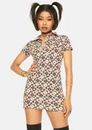 [Dolls Kill] Patchwork Daisy Brown Jeeves Mini Dress