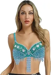 [RUNQHUI] Tribal Glitter Sparkle Rhinestone Belly Dance Beaded Sequined Bra Top for Rave Cabaret Party Clubwear