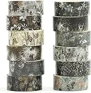 Songdao 12 Rolls Flowers Washi Tape Set Floral Arts Adhesive Tapes Splast Silver Decorative Masking Tape Sets for Craft, Kids, Scrapbook, DIY, Gift Wrapping (Mystic Shadows)