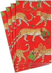 Caspari Christmas Leopards Paper Guest Towel Napkins in Red - 15 Per Package
