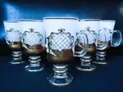 Bohemia glass white tea, coffee cups decorated gold and enamel, 6 pcs