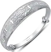 [BABESA] Sterling Silver Bracelet,Chain Bangle,Sterling Silver Bracelet,Silver Plated Bracelet For Women Chinese Vintage Blessing Letter Engraving Charming Silver Bangle Silver Friendship Bracelets For Christm