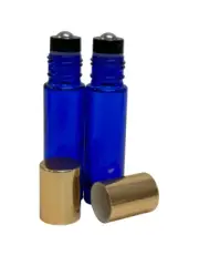 144 Pcs 10ml COBALT BLUE Glass Rollon Bottle W/ALUMINUM GOLD Cap & Steel Roller