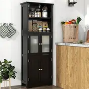 Giantex 163cm Bathroom Storage Cabinet, Kitchen Pantry Cupboard with Glass Doors, Open Storage Shelves & 3-Level Adjustable Shelves, Tall Storage Buffet Sideboard for Living Room Kitchen, Black