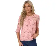 Allegra K Ruffle 3/4 Sleeve Floral Chiffon Blouse Pink White