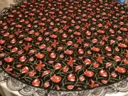 New HANDMADE Table Cloth Quilted Fabric Multicolored Floral with Black Lace 41.5