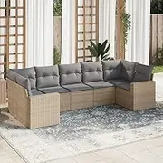 Generic 7 Piece Garden Sofa Set with Cushions Beige Poly Rattan,Furniture,Outdoor Furniture,Outdoor Seating,Outdoor Sectional Sofa Units