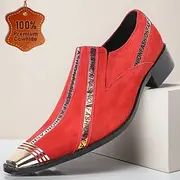 Men's Red Slip-On Leather Boots with Unique Printed Stripes - Modern Western Boots for Casual, Everyday Wear