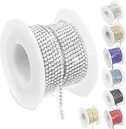 Swpeet 1 Roll 10 Yards 2MM Crystal Rhinestone Close Chain Trim, Claw Chain Diamond Rhinestone Trim for DIY Decoration, Crystal Rhinestones Cup Chain Trim Roll (White Rhinestone with Silver Base)