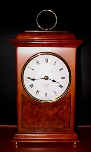English Mantel Clock; NIB: Quartz: Solid Cherry Case; Yew Veneer: Burr Inlay