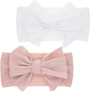 Pack of 2 Headbands, Baby Girl, Baby Headband, Baby Headband, Baby Elastic Bows Turban Hairband, Turban for Babies, Photo Accessories, Bows Children's Hair Accessories, White, Pink