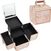 Costravio Makeup Box Train Case with Mirror Travel Organizer Cosmetic Jewelry Storage Box with 2-Tier Tackle Trays Light-weight Portable Lockable Makeup Organizer Box, Rose Gold, Rose Gold Makeup Box
