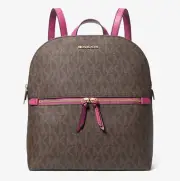 MICHAEL KORS Dallas MD SLIM BACKPACK MK Signature Brown & Fushcia NWT