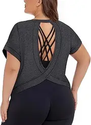 [Koscacy] Womens Plus Size Open Back Tops Short Sleeve Workout Shirts Casual Yoga Athletic Gym Running Tees