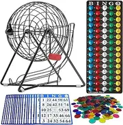 MR CHIPS 11" Tall Bingo Set With Steel Cage - Professional Game With Everlasting 7/8" Balls, 18 Cards and 300 Chips - 4 Color Choices, Mysterious Black