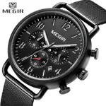 MEGIR 2158 休閒時尚手錶防水石英腕錶男士品牌鋼網 3BAR 計時手錶運動男士