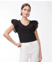 Chico's Women's Black Ribbed Knit Eyelet Flutter Sleeves Top Medium