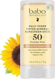 Babo Botanicals Daily Sheer Mineral Tinted Sunscreen Stick SPF50 - Natural Zinc Oxide - For Face - For all ages - EWG Verified - Water Resistant - Fragrance-Free