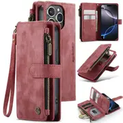CaseMe C30 For Apple iPhone 16 Plus Vintage Leather Folio Zipper Wallet Case with Magnetic Closure and 7 Card Slots (Red)