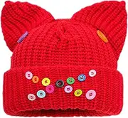 [SKUZA] Knitted Hat,Cat Ear Beanie Hats Colorful Button Decor Cute Cat Knitted Hat Winter Knit Cable Hat for Women Girls Windproof Hat Ear Protects Hat Fluffy Winter Warm Caps