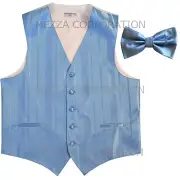 New Men's Tuxedo Vest Waistcoat Stripes Bowtie prom wedding formal Light Blue