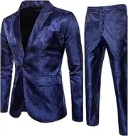 [JEShifangjiusu] Mens Shiny Sequins Blazer Floral Slim Fit Suit Jacket Stylish Tuxedo for Wedding, Prom, Banquet with Set Pants, Blue, M