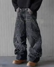 Baggy Jeans Men Hip Hop Distressed Retro Black Pant Embroidery Wide Leg Trousers