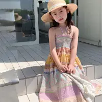 在飛比找蝦皮商城優惠-女童民族風印花褶邊吊帶洋裝 夏季新款 女寶寶海邊度假風沙灘裙