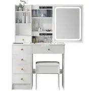 New Dressing Table Stool Set with Sliding Mirror 6 Drawers Lighted Vanity Table