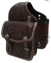 Western Floral Tooled Dark Oil Leather Saddle Bags Cantle Engraved Concho SB-56