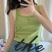 Scoop Neck Henley Plain Padded Ribbed Crop Tank Top Green - One Size