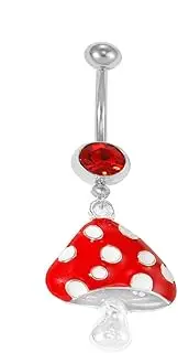 [OIDIMS] Mushroom Belly Button Rings for Women Surgical Stainless Steel 14g Belly Body Piercing Jewelry Threaded Navel Ring Red Cubic Zirconia Cute Barbs Dainty Dangling Navel Barbell Crystal Jewelry
