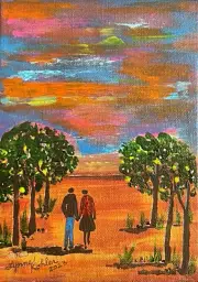 Original painting 5x7" people autumn walk canvas panel by Lynne Kohler