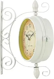 Vintage Double Sided Wall Clock, Outdoor Garden Wall Clock, Classical 360°Rotation Double Sided Clock Train Station Clock with Station Bracket, Waterproof Outdoor Clock Garden Cl (White) Beautiful